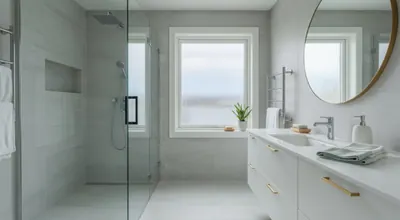 Lyst moderne bad med fliser og dusj — Vestlandsstil